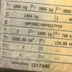 Fragment dowodu rejestracyjnego pojazdu z danymi technicznymi, m.in. masa własna 1454 kg, moc 110 kW.