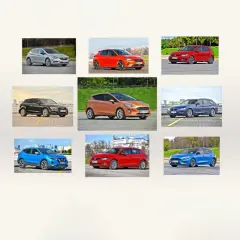 Kompilacja aut, które uchodzą za najmniej awaryjne: srebrny Opel, pomarańczowy Ford, czerwony VW, czarny Audi, niebieski BMW, niebieski Nissan, czerwony VW, niebieski Ford.