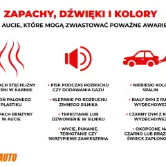 Zapach benzyny w oleju to jeden z sygnałów awarii. Obraz przedstawia objawy usterek w aucie: zapachy, dźwięki i kolory spalin.