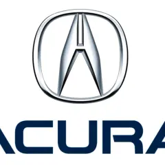 Logo i nazwa marki samochodów Acura. Srebrne logo z literą "A" w okręgu, pod nim granatowy napis "ACURA".