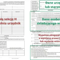 Formularz wniosku o wydanie lub wymianę prawa jazdy. Wypełnia go osoba, która musi wymienić prawo jazdy lub ubiega się o nowe.