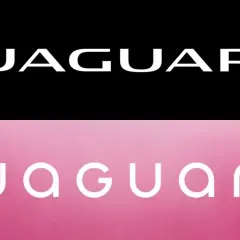 Dwa nowe loga samochodów Jaguar. Klasyczne białe litery na czarnym tle i nowoczesne, zaokrąglone na różowym tle.