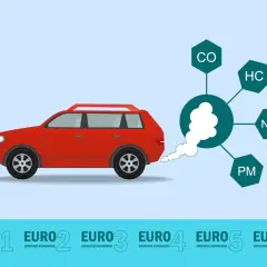 Czerwony samochód emituje spaliny, pokazując, co to znaczy euro 6 ap – niższe emisje CO, HC, NOx i PM.