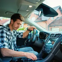 Mężczyzna w kratę uczy się, jak jeździć autem, skupiony na zmianie biegów.