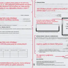 Wniosek o wydanie prawa jazdy w Polsce. Formularz zawiera sekcje dotyczące składania wniosku, potwierdzenia kwalifikacji, wydania wtórnika, zmiany danych oraz oświadczenia.