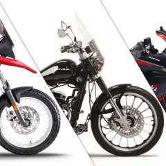 Trzy motocykle: czerwony Malaguti, czarny chopper i czerwono-czarny sportowy Barton. Idealne do jazda 125 na b bez 3 lat.