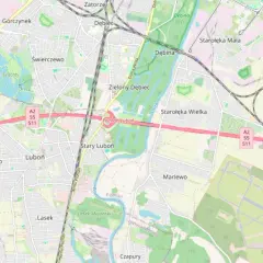 Mapa okolic Poznania z zaznaczoną autostradą A2, gdzie znajduje się **odcinkowy pomiar prędkości A2**. Widoczne miejscowości: Luboń, Dębiec, Garaszewo.