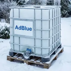 Duży zbiornik z AdBlue stoi na palecie w śniegu. Widać, że płyn w kraniku zamarzł, co sugeruje, czy AdBlue zamarza w niskich temperaturach.
