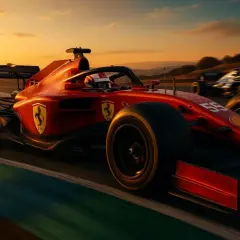 Czerwony bolid F1 z numerem 55 pędzi po torze o zachodzie słońca. Marzenie o tym, jak zostać kierowcą F1, staje się realne.