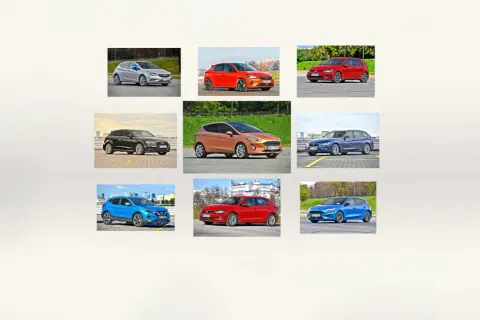 Kompilacja aut, które uchodzą za najmniej awaryjne: srebrny Opel, pomarańczowy Ford, czerwony VW, czarny Audi, niebieski BMW, niebieski Nissan, czerwony VW, niebieski Ford.