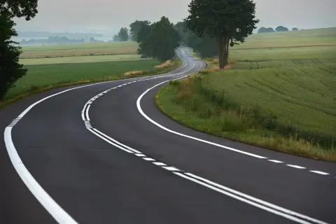 Zakręt drogi z podwójną ciągłą linią, gdzie wyprzedzanie jest zabronione. Pola i drzewa w tle.