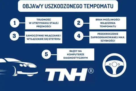 Objawy uszkodzonego tempomatu: trudność w utrzymaniu stałej prędkości, samoczynne włączanie/wyłączanie, brak możliwości włączenia, przekroczenie max. prędkości, błędy diagnostyczne.