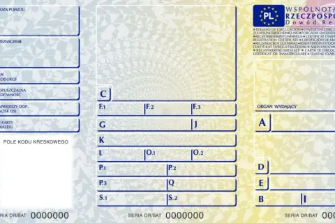 Dowód rejestracyjny pojazdu, zawierający informacje o typie pojazdu, przeznaczeniu, roku produkcji i dopuszczalnej ładowności.