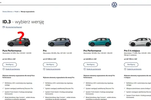 Porównanie wersji Volkswagena ID.3: Pure, Pro, Pro Performance, Pro S 4 miejsca. Zastanawiasz się, dlaczego nie warto kupować nowego samochodu? Sprawdź ceny i wyposażenie.