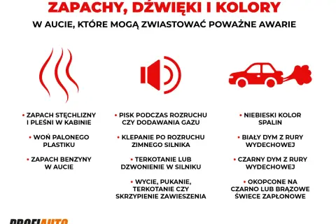 Zapach benzyny w oleju to jeden z sygnałów awarii. Obraz przedstawia objawy usterek w aucie: zapachy, dźwięki i kolory spalin.