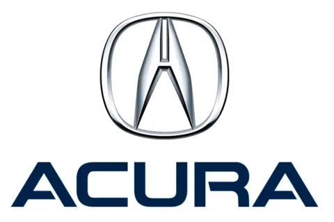 Logo i nazwa marki samochodów Acura. Srebrne logo z literą "A" w okręgu, pod nim granatowy napis "ACURA".