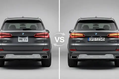 Dwa BMW X5, jedno z tablicą "BMW USA", drugie z polską. Czy BMW jest drogie w utrzymaniu? Porównanie modeli.