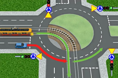 Tramwaj wjeżdżający na rondo ma pierwszeństwo. Na skrzyżowaniu widać tramwaj, samochód i znaki drogowe.