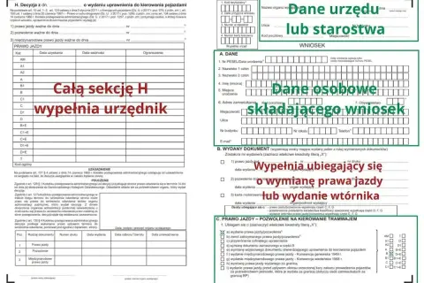 Formularz wniosku o wydanie lub wymianę prawa jazdy. Wypełnia go osoba, która musi wymienić prawo jazdy lub ubiega się o nowe.