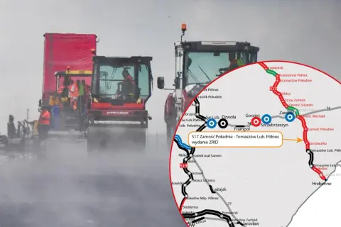Budowa drogi ekspresowej S17 w deszczu. Maszyny drogowe pracują, a na mapie zaznaczono odcinek S17 Zamość Południe - Tomaszów Lub. Północ.