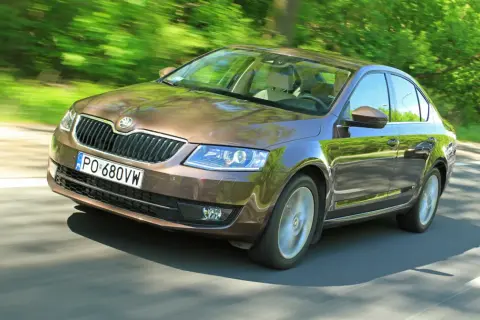 Brązowa Octavia 2.0 TDI pędzi leśną drogą, odbijając zieleń drzew w lśniącej karoserii.