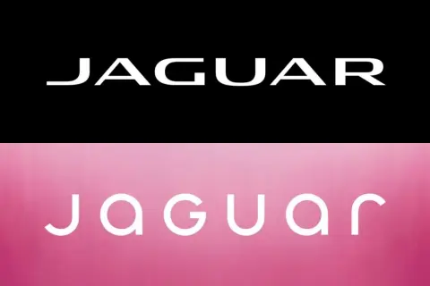 Dwa nowe loga samochodów Jaguar. Klasyczne białe litery na czarnym tle i nowoczesne, zaokrąglone na różowym tle.