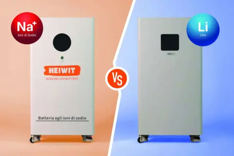 Porównanie: akumulator sodowo jonowy HEIWIT vs. bateria litowa. Dwa pionowe urządzenia, jedno z symbolem Na+, drugie z Li.