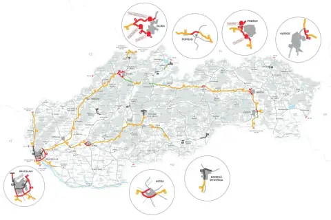 Mapa Słowacji z zaznaczonymi drogami. Czy autostrada A4 jest płatna? Na mapie widać drogi krajowe i autostrady, niektóre oznaczone jako płatne.