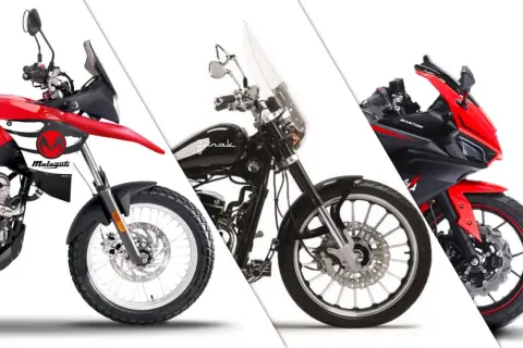 Trzy motocykle: czerwony Malaguti, czarny chopper i czerwono-czarny sportowy Barton. Idealne do jazda 125 na b bez 3 lat.