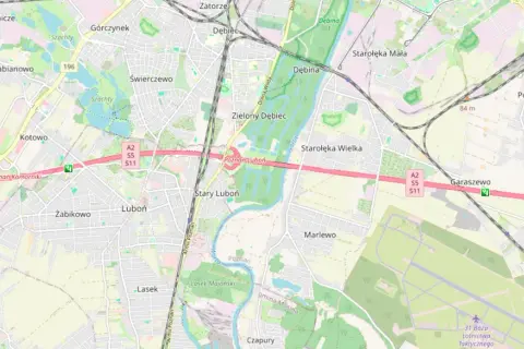 Mapa okolic Poznania z zaznaczoną autostradą A2, gdzie znajduje się **odcinkowy pomiar prędkości A2**. Widoczne miejscowości: Luboń, Dębiec, Garaszewo.