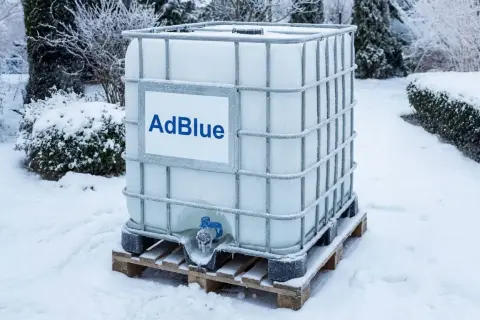 Duży zbiornik z AdBlue stoi na palecie w śniegu. Widać, że płyn w kraniku zamarzł, co sugeruje, czy AdBlue zamarza w niskich temperaturach.