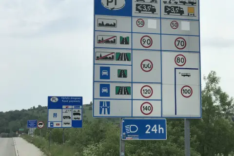 Znaki drogowe w Polsce informują o opłatach i ograniczeniach prędkości na drogach. Widoczne są limity 50, 70, 80, 90, 100, 120 i 140 km/h.
