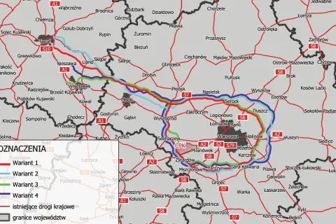 Mapa dróg krajowych i autostrad, w tym autostradowa obwodnica Warszawy, z zaznaczonymi wariantami przebiegu.