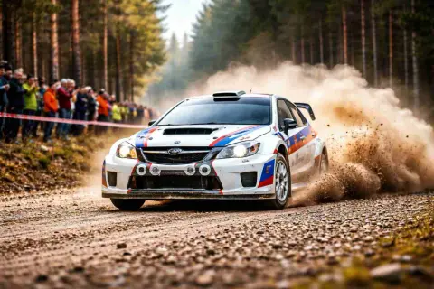 KJS co to? Rajdówka Subaru Impreza mknie po szutrowej drodze, wzbijając tumany kurzu. Widzowie obserwują zmagania na leśnym odcinku.