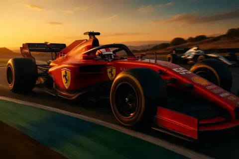 Czerwony bolid F1 z numerem 55 pędzi po torze o zachodzie słońca. Marzenie o tym, jak zostać kierowcą F1, staje się realne.