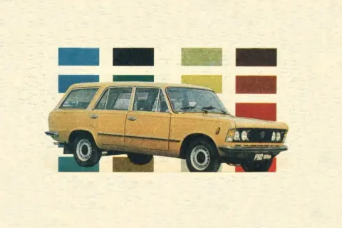 Żółty Fiat 125p kombi na tle palety barw: niebieski, czarny, zielony, brązowy, żółty, rudy, czerwony.