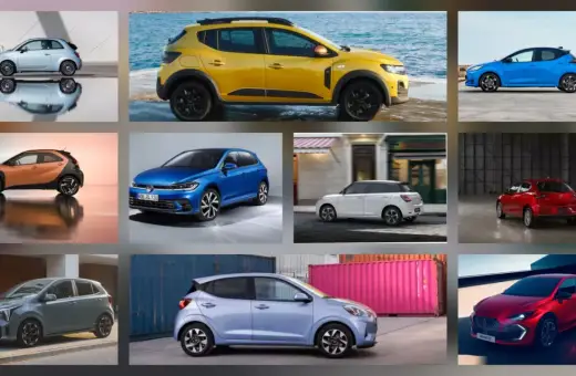 Kompaktowe auta miejskie: Fiat 500, Dacia Sandero, Toyota Yaris, Toyota Aygo X, VW Polo, Suzuki Ignis, Kia Picanto, Hyundai i10, Mazda 2, oraz czerwony sportowy model.