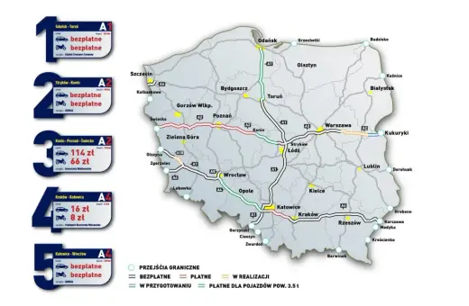 Mapa autostrady w Polsce z zaznaczonymi odcinkami płatnymi i bezpłatnymi.