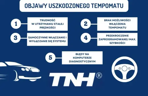 Objawy uszkodzonego tempomatu: trudność w utrzymaniu stałej prędkości, samoczynne włączanie/wyłączanie, brak możliwości włączenia, przekroczenie max. prędkości, błędy diagnostyczne.