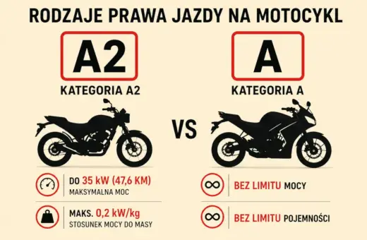 Porównanie kategorii A i A2 prawa jazdy na motor. Kategoria A2 ma ograniczenia mocy i stosunku mocy do masy, A nie ma limitów.