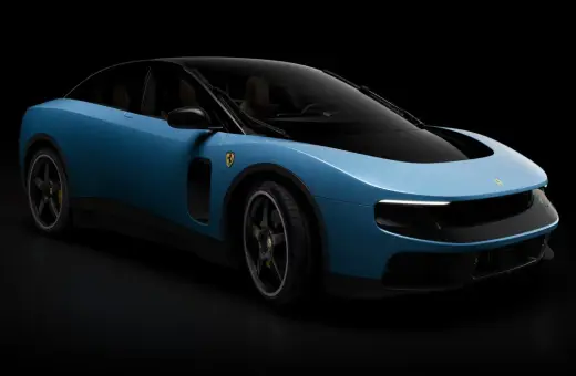 Niebieski Ferrari Purosangue, z czarnym dachem i brązowym wnętrzem, prezentuje się jako "ferrari luce" na ciemnym tle.