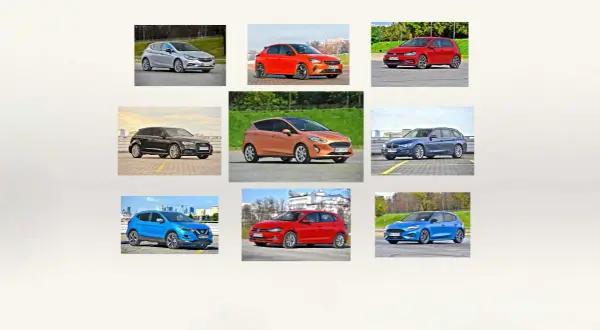 Kompilacja aut, które uchodzą za najmniej awaryjne: srebrny Opel, pomarańczowy Ford, czerwony VW, czarny Audi, niebieski BMW, niebieski Nissan, czerwony VW, niebieski Ford.