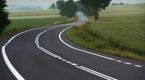 Zakręt drogi z podwójną ciągłą linią, gdzie wyprzedzanie jest zabronione. Pola i drzewa w tle.