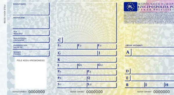 Dowód rejestracyjny pojazdu, zawierający informacje o typie pojazdu, przeznaczeniu, roku produkcji i dopuszczalnej ładowności.