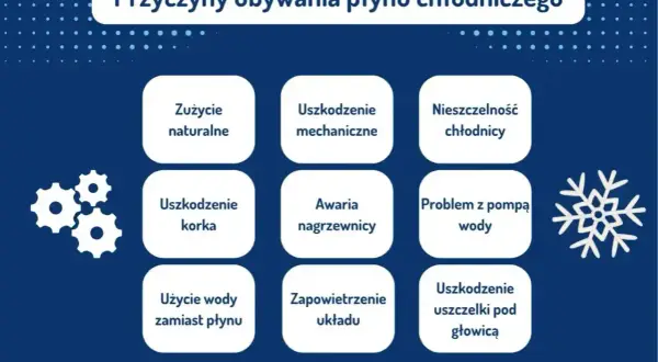Grafika przedstawia przyczyny ubywania płynu chłodniczego, w tym zużycie naturalne, uszkodzenia mechaniczne, nieszczelność chłodnicy, awarię nagrzewnicy, problemy z pompą wody, uszkodzenie korka, użycie wody zamiast płynu, zapowietrzenie układu i uszko...