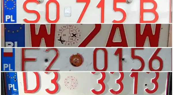 Czerwone tablice rejestracyjne z białymi literami: SO 715 B, WZAW, F2 0156, D3 3313.