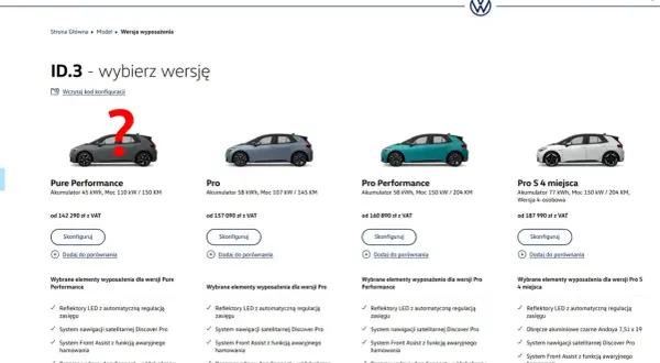 Porównanie wersji Volkswagena ID.3: Pure, Pro, Pro Performance, Pro S 4 miejsca. Zastanawiasz się, dlaczego nie warto kupować nowego samochodu? Sprawdź ceny i wyposażenie.