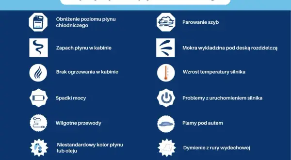 Objawy wycieku płynu chłodniczego: obniżony poziom, zapach w kabinie, brak ogrzewania, spadki mocy, wilgotne przewody, plamy pod autem, parowanie szyb, mokra wykładzina, wzrost temperatury silnika, problemy z uruchomieniem, dymienie.