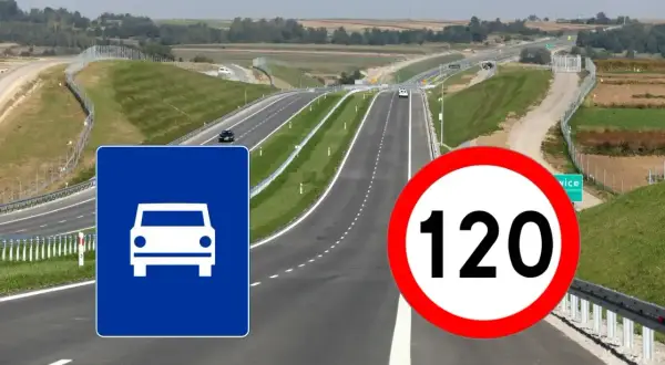 Droga ekspresowa z ograniczeniem prędkości do 120 km/h. Znak informuje, ile można jechać na drodze ekspresowej.