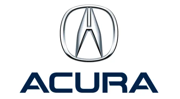Logo i nazwa marki samochodów Acura. Srebrne logo z literą "A" w okręgu, pod nim granatowy napis "ACURA".